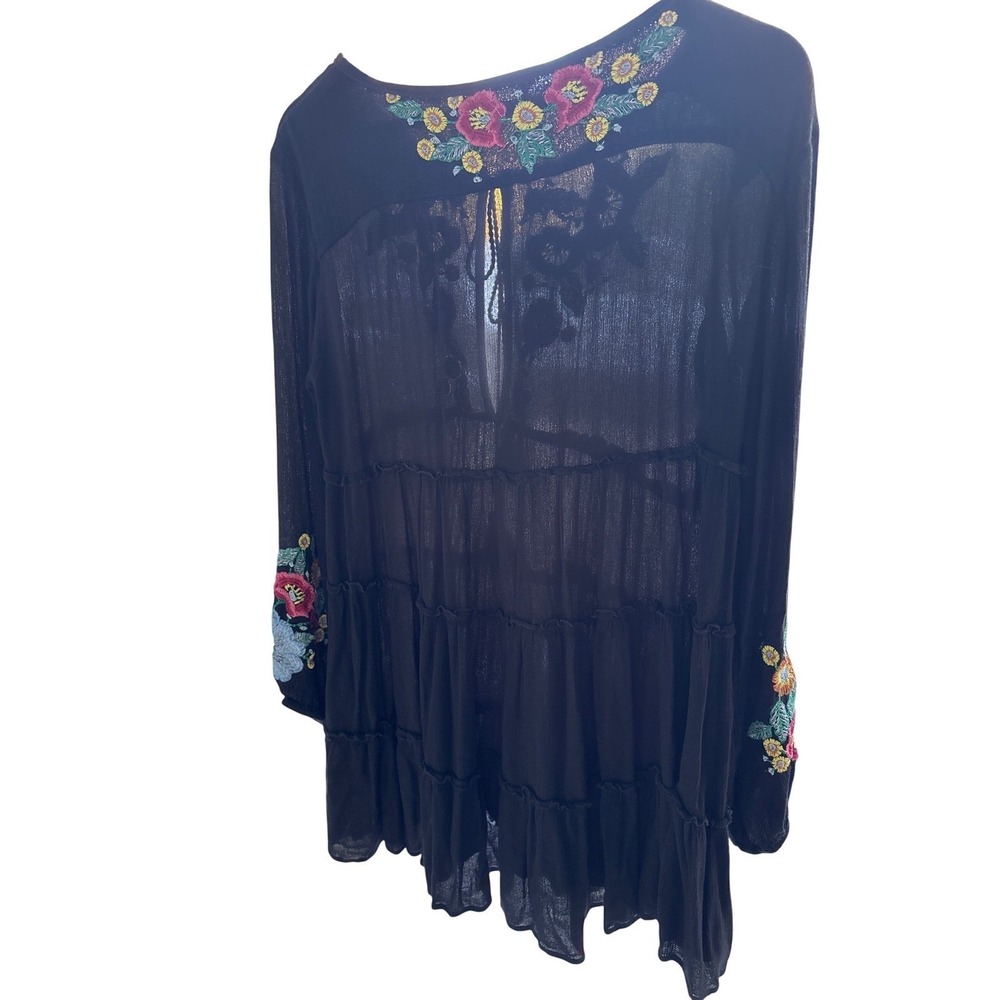 Free People Black Embroidered Floral Tiered Tassel Peasant Tunic Top XS OB403332 - Picture 4 of 8